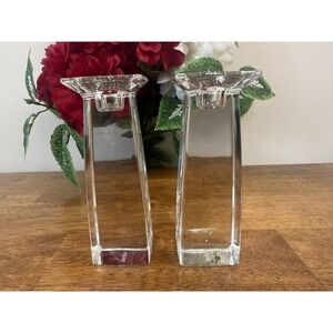 Vintage Marc Aurel Crystal Candle Holders Pair Square Modernist Minimalist‎